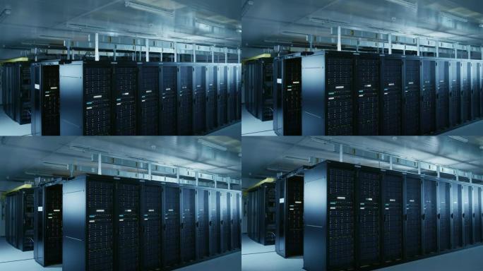 带有多行操作服务器机架的现代数据中心的下降镜头。现代高科技数据库超级计算机洁净室。