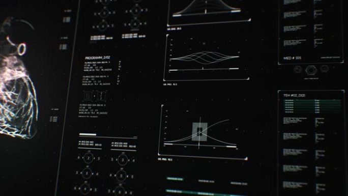 带有身体分析和心脏在黑暗背景上移动的用户界面HUD动画，用于处理谷物的网络未来概念
