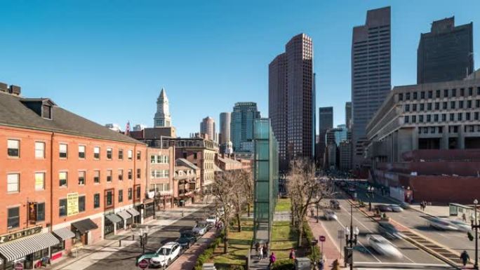 延时:航拍波士顿市政厅和美国市中心的公共市场