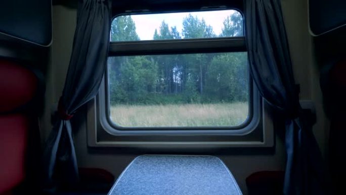 通过火车教练的窗户显示的森林景观。铁路旅行概念。