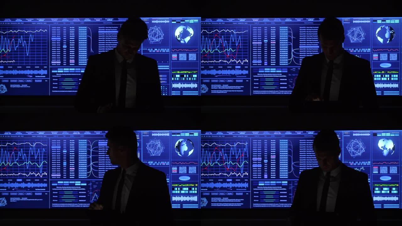 商人在蓝屏背景下使用平板电脑工作