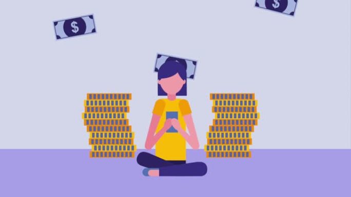 女人坐在使用带有钞票和硬币堆栈的智能手机上
