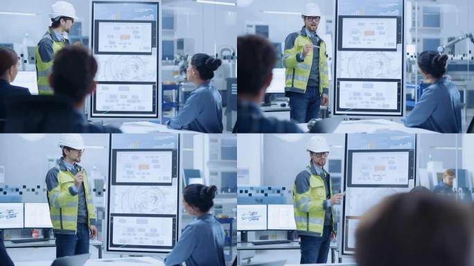 在一次会议上，穿着安全夹克的首席工业工程师和安全帽向一群专家，经理报告时，使用交互式数字白板展示了新