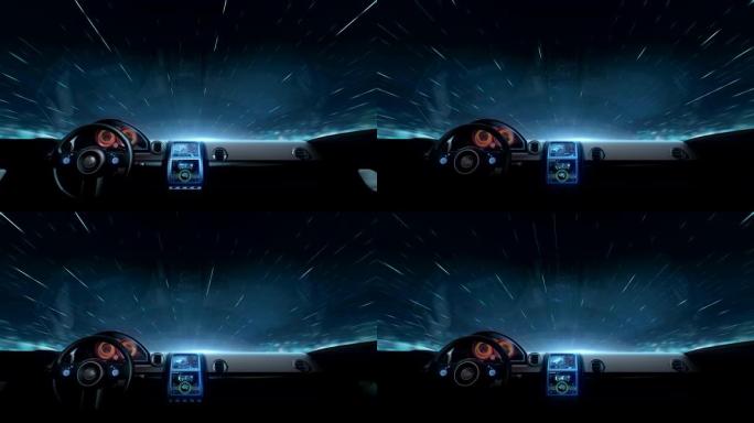 未来混合动力汽车内部，通过夜空4k动画。2.