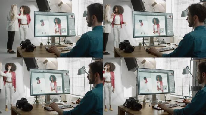照片拍摄的后台: 化妆师在美丽的黑人女孩身上化妆。照片编辑器在台式计算机上使用图像编辑软件修饰照片。