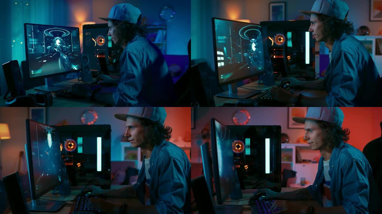 专业玩家在他功能强大的个人电脑上玩第一人称射击游戏在线视频游戏，配有彩色霓虹灯。年轻人戴着帽子。客厅