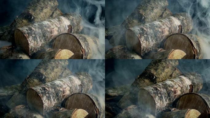 路过的火开始冒烟木材木头特写展示