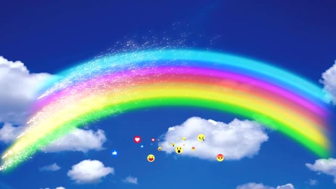 带有彩虹的表情符号在天空中飞舞