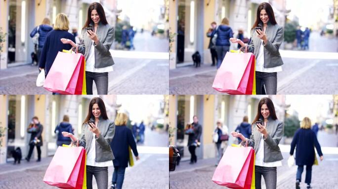 一个美丽的女人在购物后发送消息，并对他们在期间余额中的购买感到非常高兴。