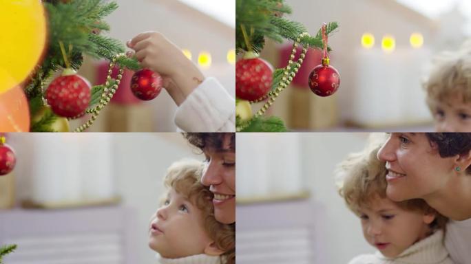 卷曲的男孩和母亲装饰圣诞树