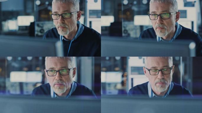 戴着眼镜的英俊中年工程师的肖像在个人电脑上工作。在后台高科技工程设施