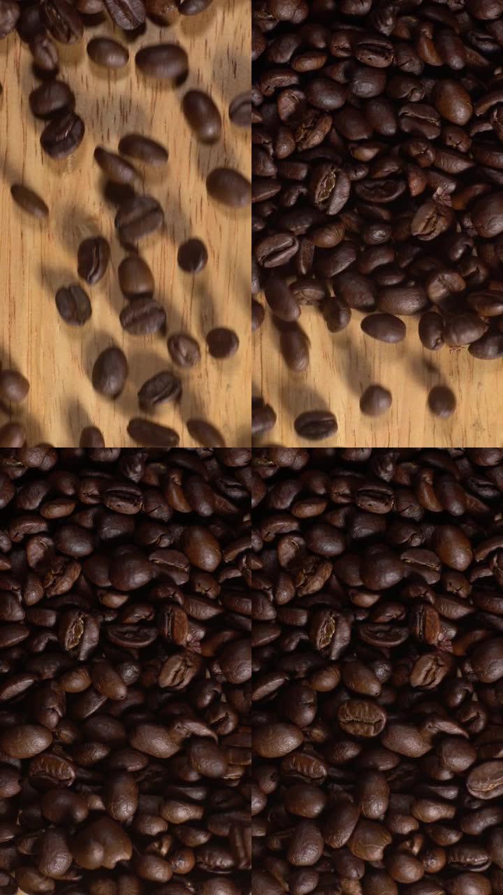 (垂直) 木质背景上充满咖啡豆