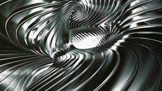抽象黑色金属背景。弯曲和旋转条纹创造了不真实和惊人的形状和表面。无缝循环。4K。