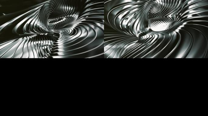 抽象黑色金属背景。弯曲和旋转条纹创造了不真实和惊人的形状和表面。无缝循环。4K。