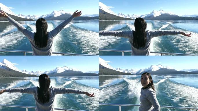 女人在加拿大马里涅湖精神岛湖的游轮上放松