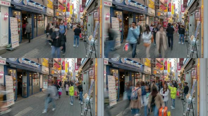 延时: 韩国首尔明洞市中心购物街的行人