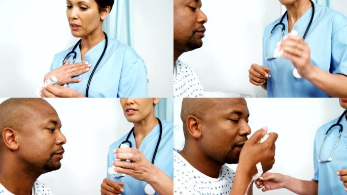 女医生向哮喘患者展示如何使用哮喘吸入器