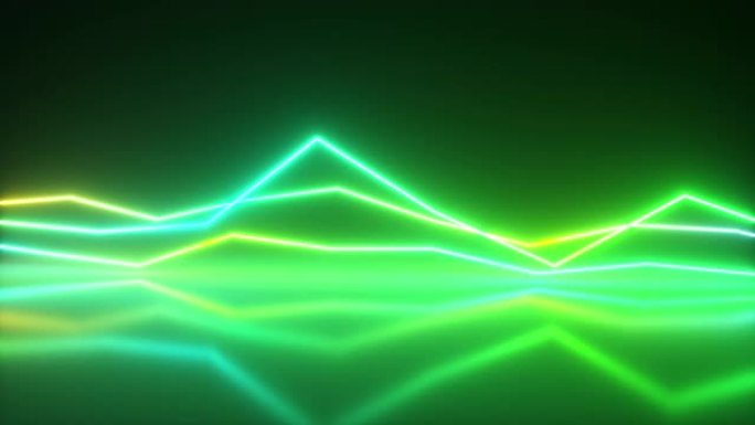 明亮多彩的发光霓虹灯线。摘要音乐均衡器背景，图形，图表，绘图，曲线，图表。现代紫外线蓝绿色光谱。无缝