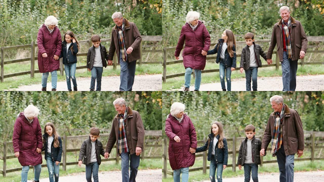 带着孙子孙女的祖父母一起在乡下散步