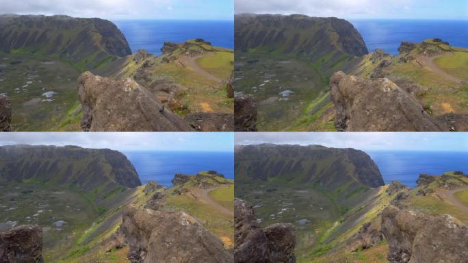 Rano Kau火山口的壮观镜头和游客拍照