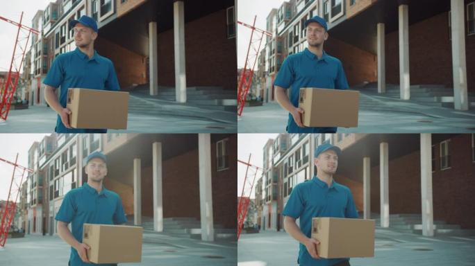英俊的送货员的肖像拿着纸板箱包装走过现代时尚的商业区。快递员在将邮政包裹交付给客户的途中。后续镜头