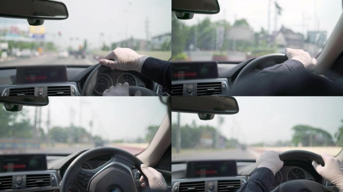 男性出租车司机手戴白色塑料手套保护新型冠状病毒肺炎