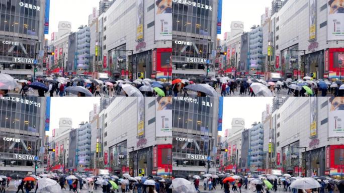 雨中穿越街道，涩谷日本