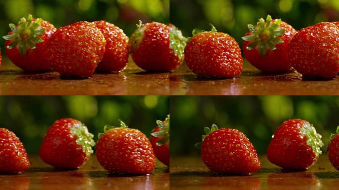 红色草莓的宏观拍摄，一种用于烹饪糕点和果汁的水果。草莓含有更少的卡路里，非常适合饮食。
