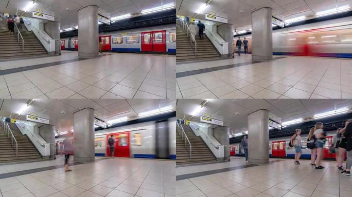 延时: 英国伦敦地铁站台上的行人通勤人群