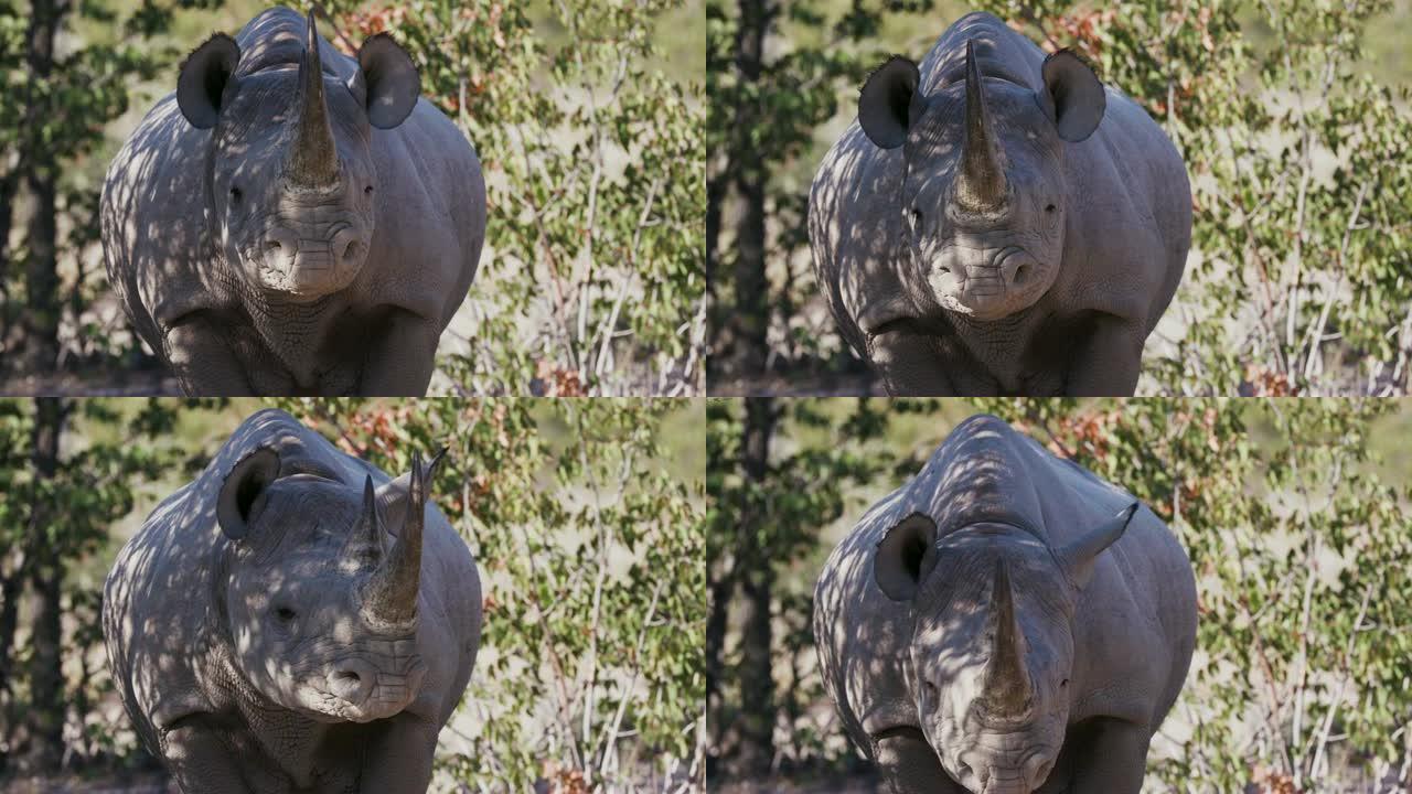纳米比亚埃托沙国家公园一只雌性黑犀牛看着相机的4k特写镜头