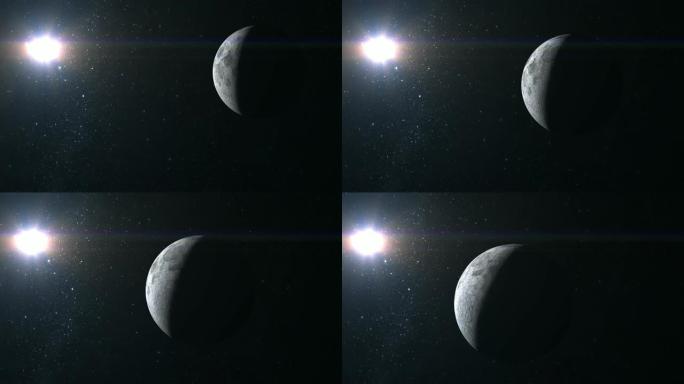 接近月球。摄像机飞来飞去。月亮沿着屏幕向下移动。从太空看。星星闪烁。4K。