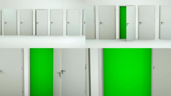 白色门打开绿色屏幕-空房间 | 4K