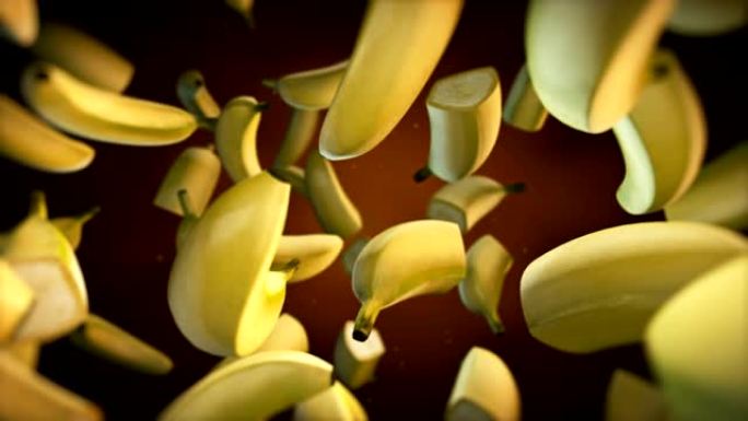 3d渲染红色背景上的掉落香蕉，新鲜水果香蕉，4k动画慢动作。