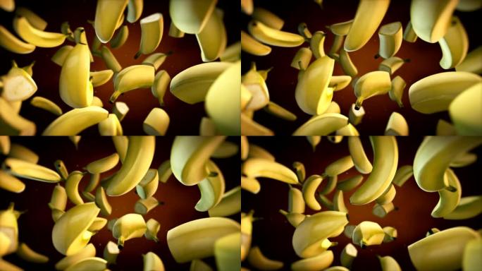 3d渲染红色背景上的掉落香蕉，新鲜水果香蕉，4k动画慢动作。