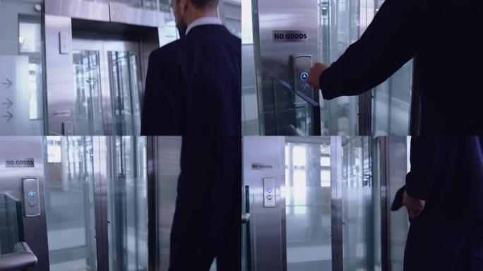 商人在现代办公室4k的走廊里等待电梯