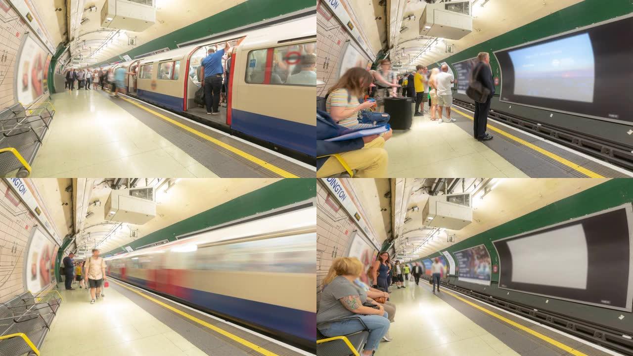 延时: 英国伦敦地铁站台上的行人通勤人群