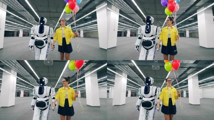 高大的机器人正在与一个年轻女子交谈