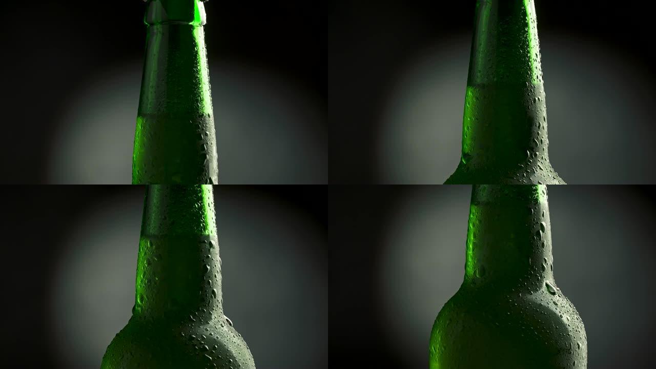 经典绿色瓶装冰镇啤酒。旋转倾斜拍摄。4K UHD