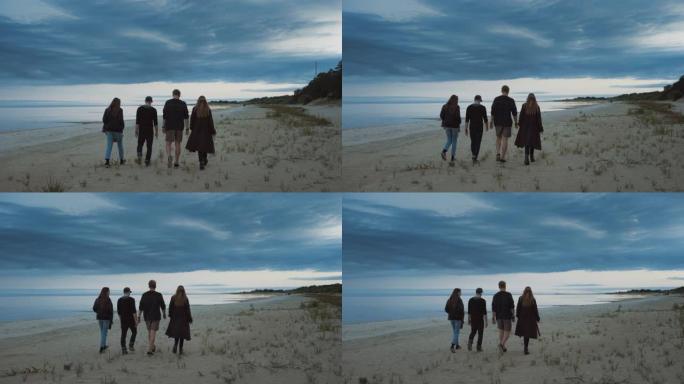 四个朋友走在荒芜的海滩上。黄昏时分平静的大海。他们远离相机。一个女孩拿着酒杯。夏天与大自然在一起。