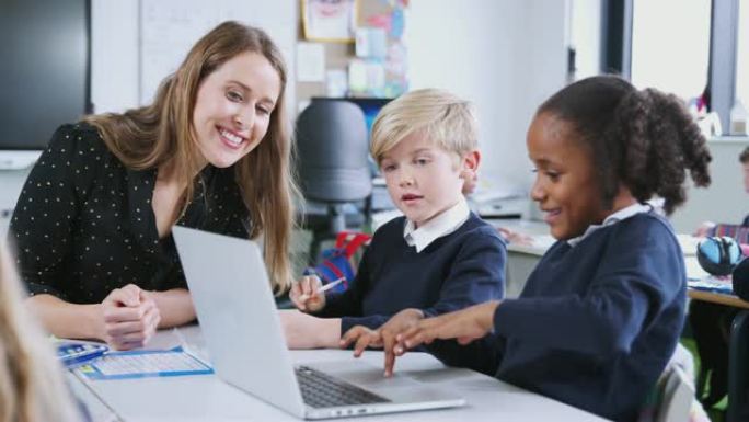 女校老师与两个孩子坐在一起，在小学课堂上使用笔记本电脑，特写