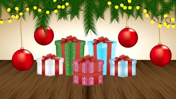 带有礼物和球的圣诞快乐动画
