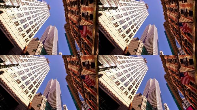 曼哈顿天际线的概念视图。现代商务大厦。住宅。酒店。美国国旗