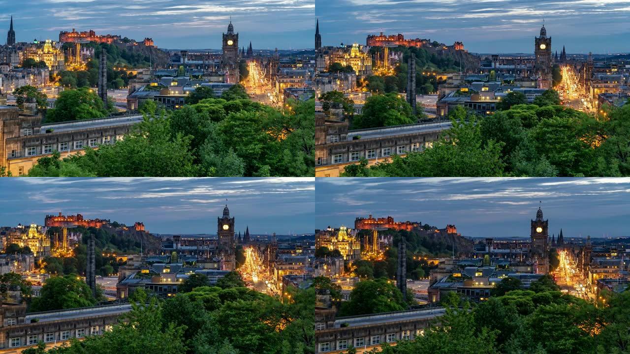 延时: 英国黄昏时的爱丁堡城市景观