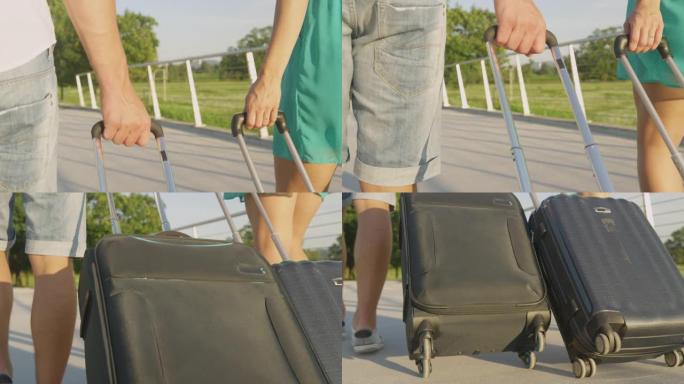 特写: 旅游夫妇在前往机场的途中将行李拉到身后