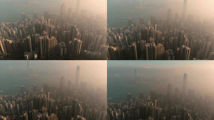 香港日出时摩天大楼的鸟瞰图和倾斜。