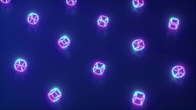 几何形状的抽象氖3d渲染。计算机生成的循环动画。现代彩色激光照明背景，无缝4k循环运动设计
