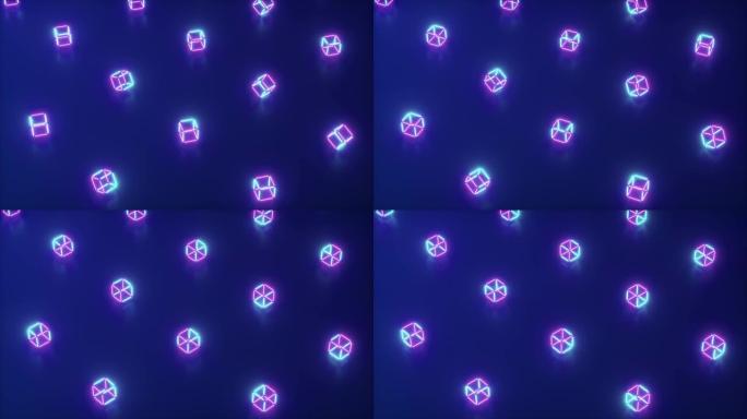 几何形状的抽象氖3d渲染。计算机生成的循环动画。现代彩色激光照明背景，无缝4k循环运动设计
