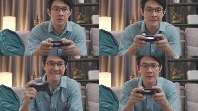 4k分辨率有吸引力的亚洲成年人拿着操纵杆或游戏控制器，在家玩视频游戏机。人的反应享受他在游戏中的胜利