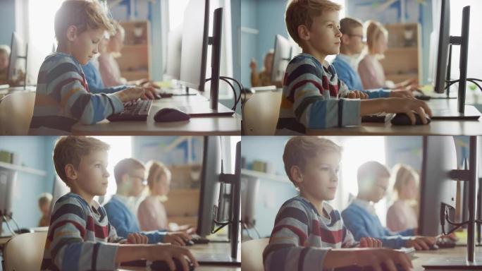 小学教室: 聪明的男孩使用个人电脑，学习如何安全使用互联网，编程语言进行软件编码。学童接受现代教育。