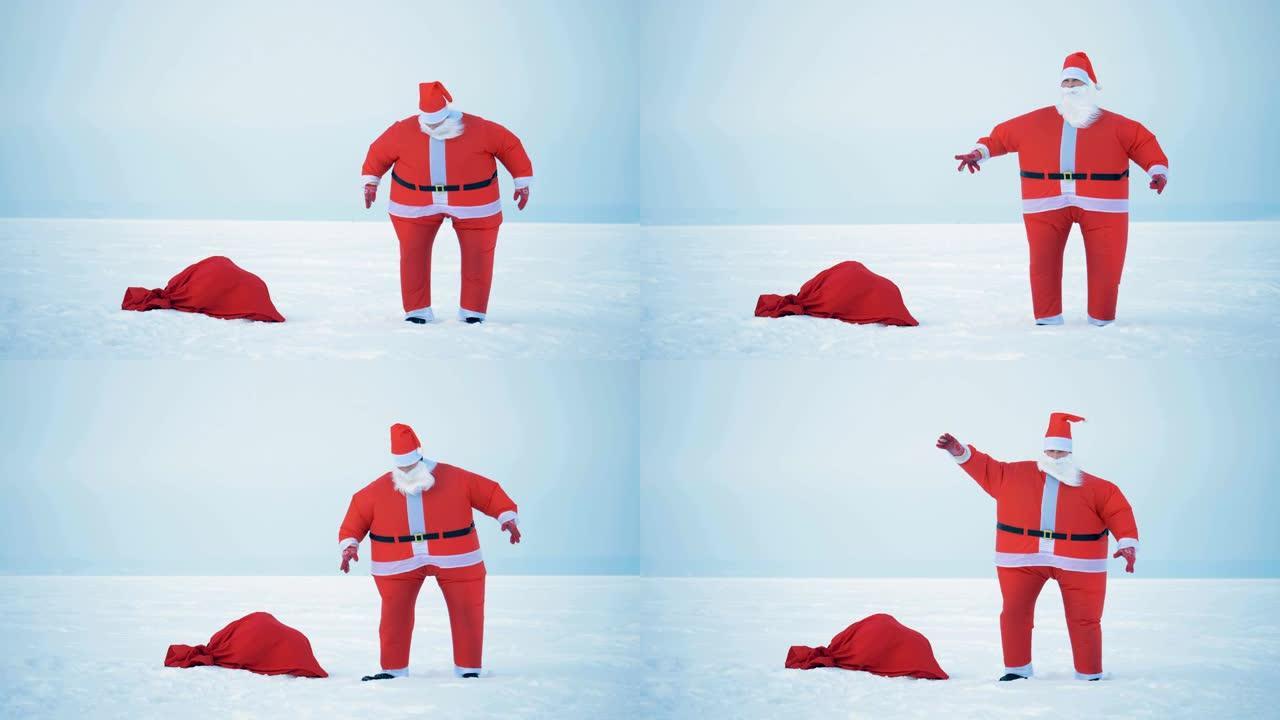圣诞老人带着礼物在书包旁边的雪地里跳跃
